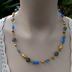 HANDMADE Gold, Blue & Gray Glass Beaded Necklace on Gold Wires w/Claw Closure